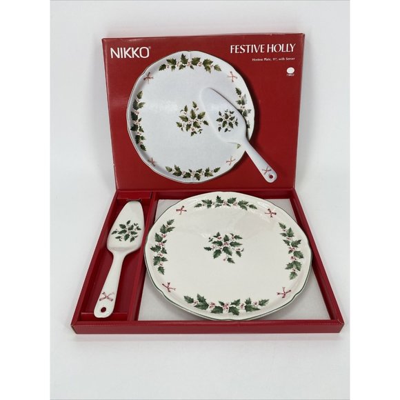 Nikko Other - Nikko Festive Holly Christmas Hostess Serving Platter Cake Plate w/ Server 11"